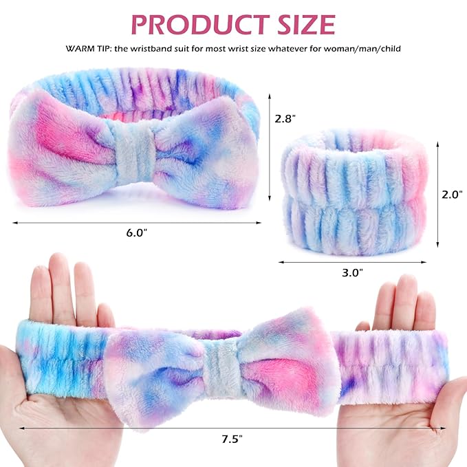 3PCS Spa Headband and Wristbands Set for Women, Soft Microfiber Face Wash Headband with Cute Bow, Elastic Absorbent Wrist Towels, Makeup Skincare Accessories for Facial, Shower, Yoga