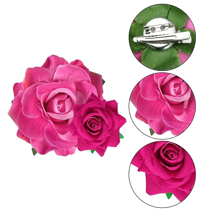 Rose Hair Clip Flower Hairpin Brooch Floral Clips, 4 Pcs Fabric Rose Flowers Hair Clips Mexican Hair Flowers Pin up Headpieces for Woman Girl Wedding Party Mother's Day (Hot Pink)