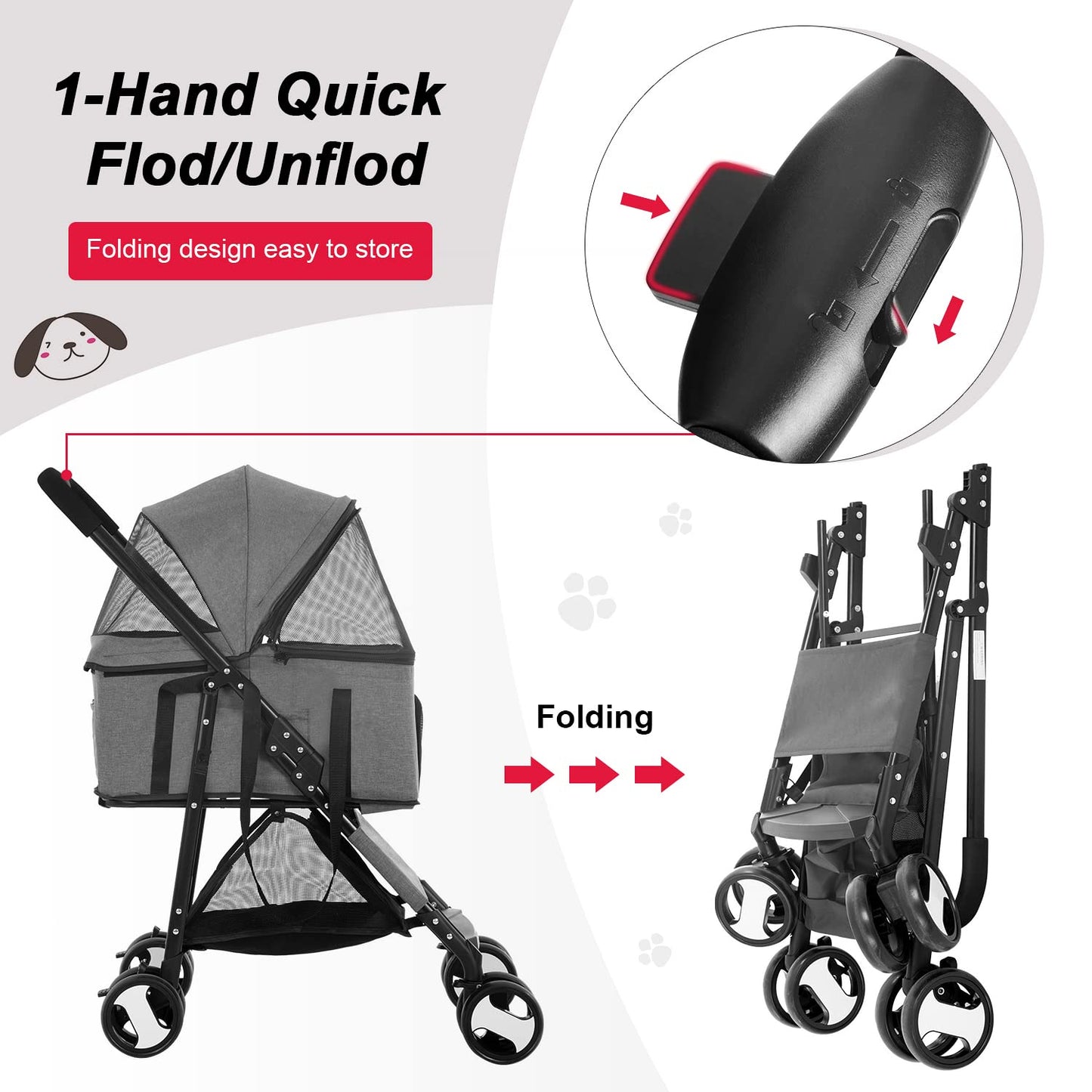 BestPet Pet Stroller Premium 3-in-1 Multifunction Dog Cat Jogger Stroller for Medium Small Dogs Cats with Folding Lightweight Travel & Detachable Carrier,Grey