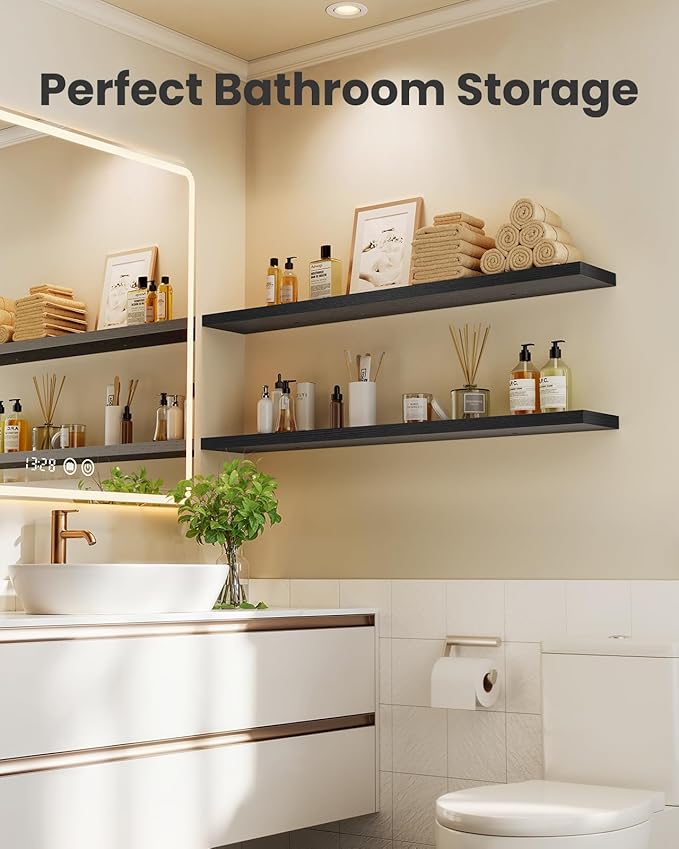 AMADA HOMEFURNISHING Floating Shelves, Wall Shelves for Living Room, Bedroom, Bathroom, Kitchen & Home Office Organization, Bathroom Shelves with Hidden Brackets, 22 lbs Max Load, Black, AMFS45B
