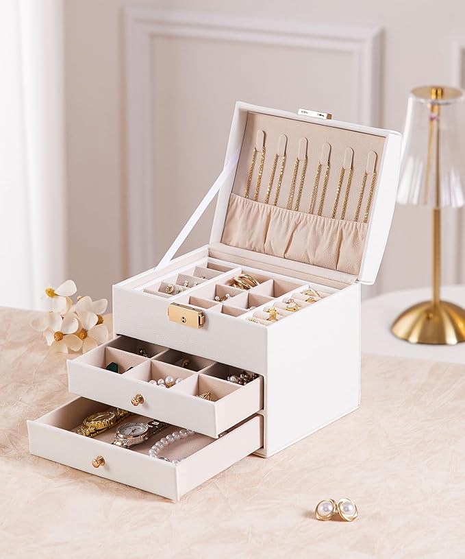 Homde Girls Jewelry Box with Lock: 3 Layer Organizer with Removable Tray - Storage for Ring Necklace Earring - Birthday & Return Gifts for Young Women (Cloud White)