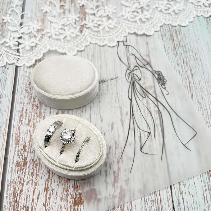 Velvet Oval Ring Box 3 Slots - Premium Wedding Three Rings Holder Box Vintage Handmade Storage Jewelry Organizer for Proposal, Engagement, Wedding Ceremony, Christmas (Ivory)