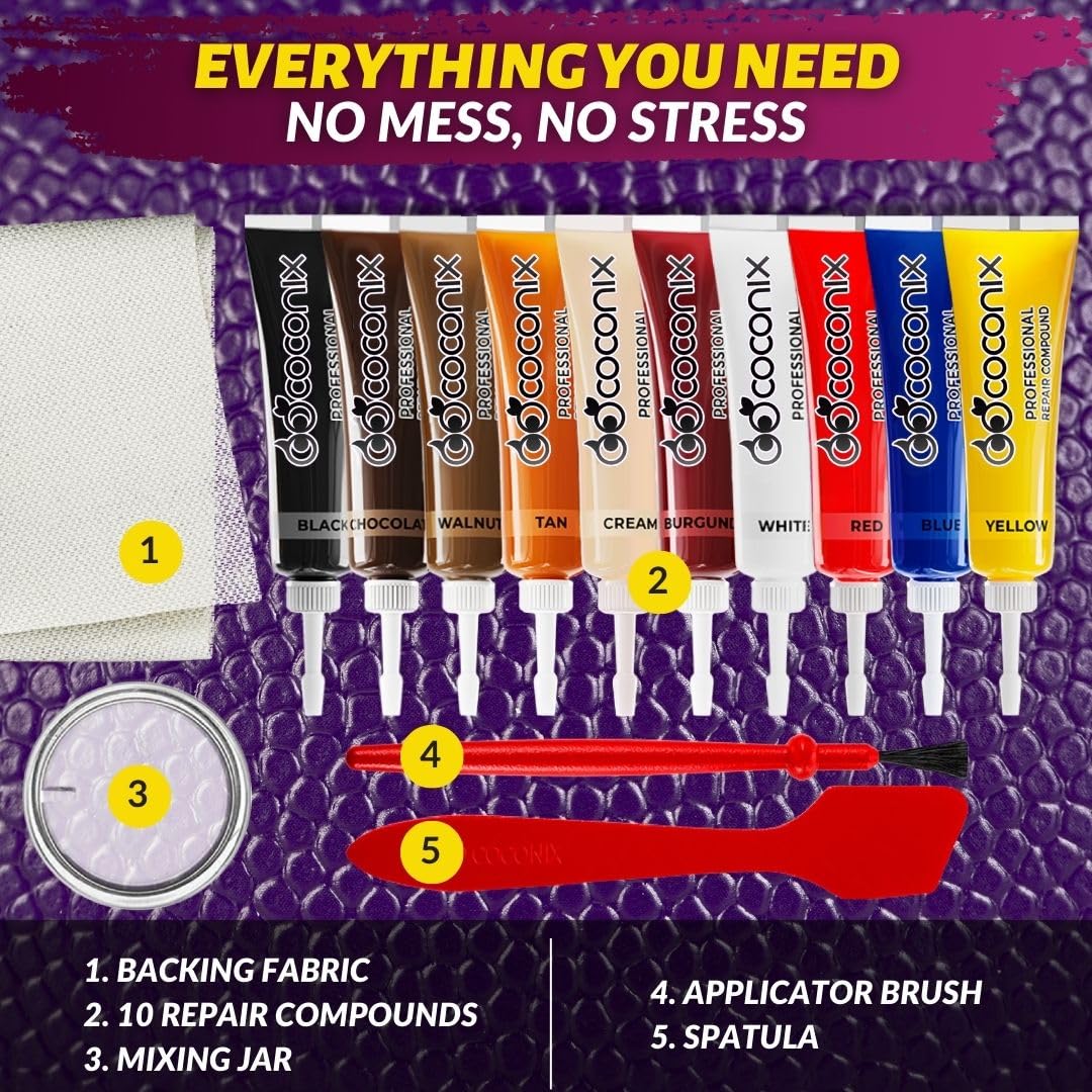 Coconix Leather & Vinyl Repair Kit | Fix Tears, Holes, Scratches, and Peeling on Leather and Vinyl Furniture, Car Seats, and Jackets | Easy Application with Customizable Colors