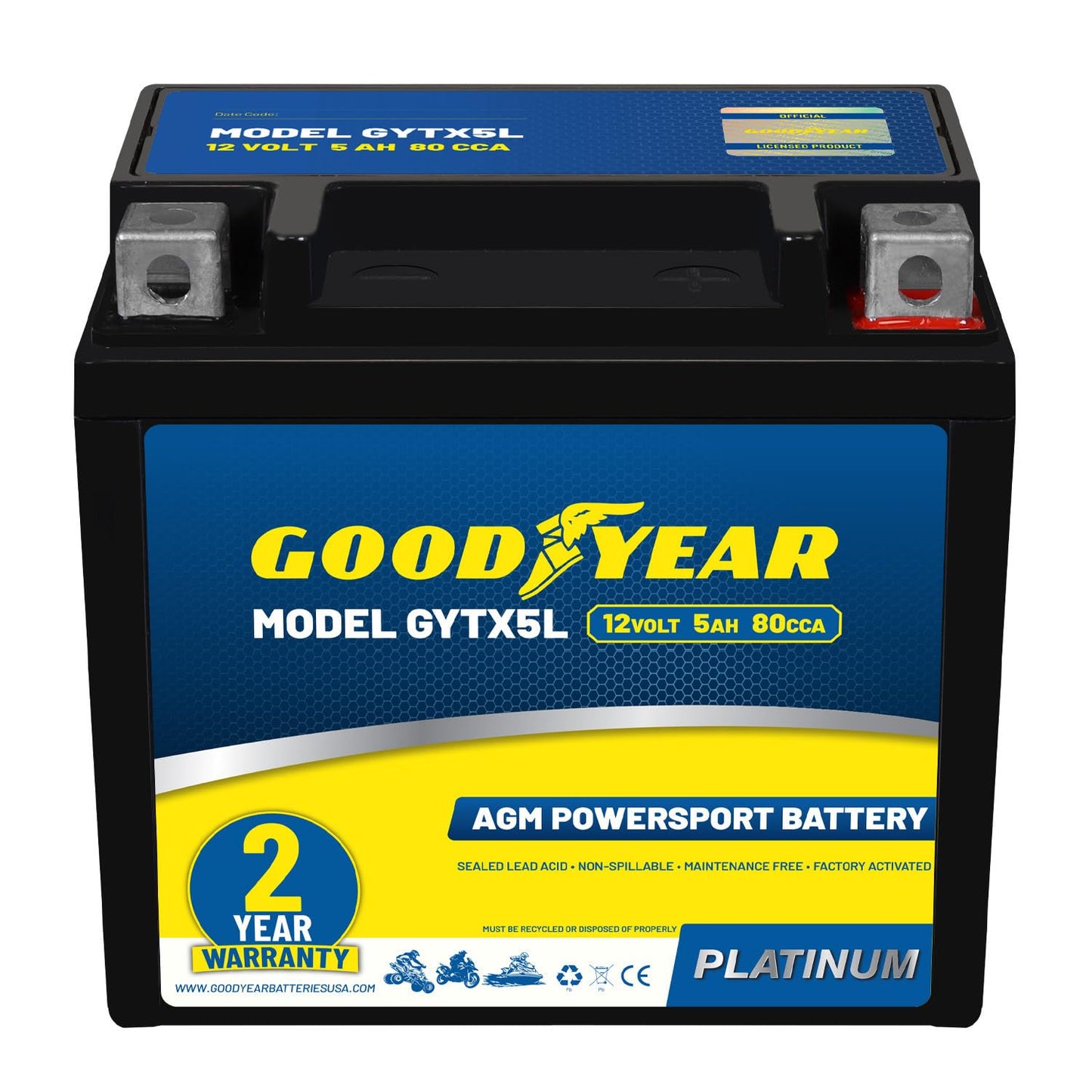 Goodyear GYTX5L - 12 Volt 5 AH, 80 CCA, Rechargeable High-Performance, Maintenance Free, SLA - AGM Battery for Motorcycle, ATV, UTV, 4-Wheeler, Snowmobile, Watercraft and more!