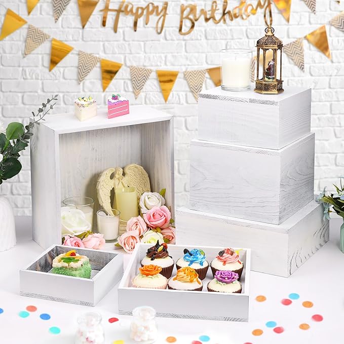 6 Pack Wooden Risers Display Stands Square Food Risers for Buffet Party Rustic Wood Cake & Cupcake Stands Nesting Box Wooden Crates for Display