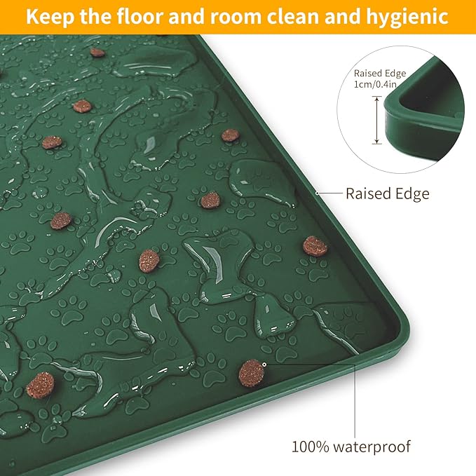 Ptlom Pet Placemat for Dog and Cat, Waterproof Silicone Pet Feeding Bowl Mats for Food and Water, Small Medium Large Dogs Mat Prevent Residues from Spilling to Floor, Hunter Green, 24.5" 16.5"