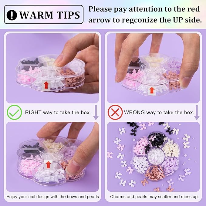 BELLEBOOST 1 Box 3D Bow Nail Charms and Flatback Pearls Set 7, 120 Pcs Cute Bow Charms in 6 Colors for Nail Design + 2-4mm White Nail Pearls with Pickup Tweezer and Pencil for Nail Art Decoration