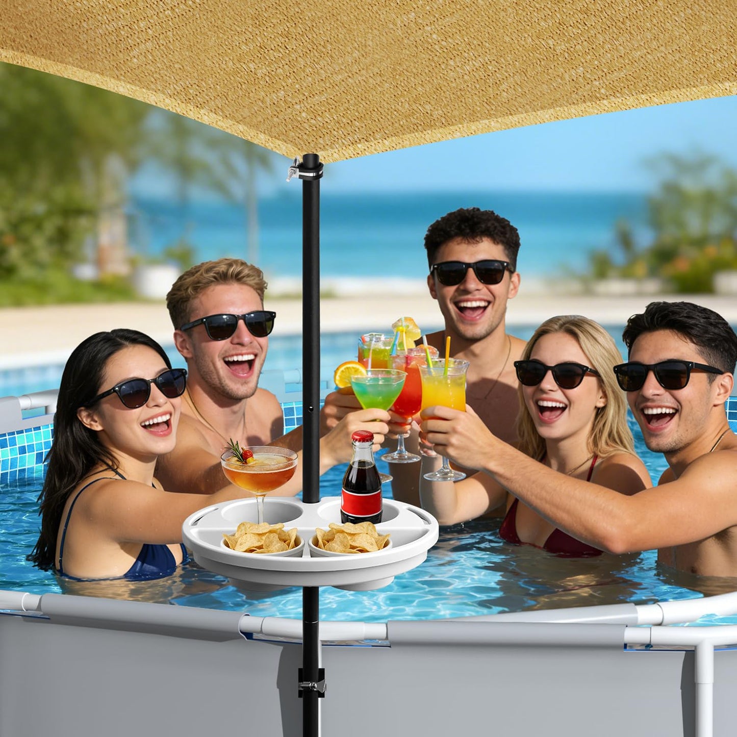 Calanofin Above Ground Pool Shade Set with Storage Tray – UV-Resistant Shade Sail for 15-22 Ft Pools, Outdoor Triangular Canopy with Sun Shade Poles for Deck, Backyard & Pool Essentials (13x13x13 Ft)