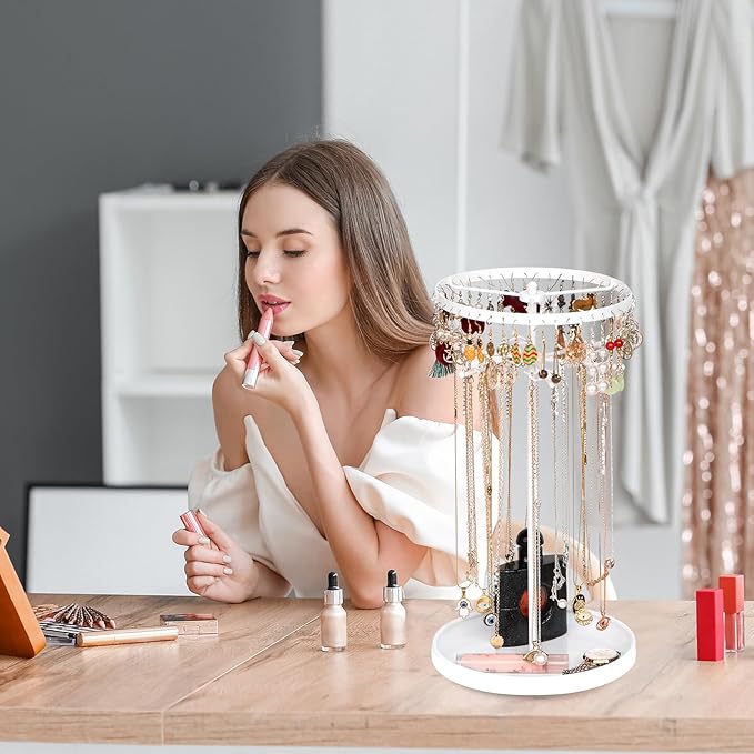 360 Rotating 2-Tier Jewelry Organizer Stand, Large Earring Holder Organizer with 48 Holes for Studs，24 Prongs for Necklaces, Wide Base for Bracelets, Watches, Lipstick, Jewelry Display Stand for Women