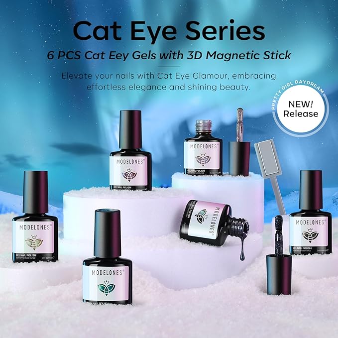 modelones Cat Eye Gel Nail Polish Set, 6 Colors 2026 Spring Summer Holographic 9D Glassy Cat Eye Glitter Gel Polish Set Black Blue Purple Green Nail Polish Kit W Magnet Soak Off LED Nail Art DIY Gift