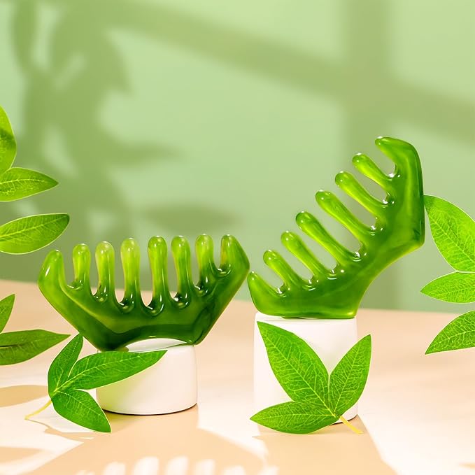 Geiserailie 2 Pcs Jade Combs Esthetician Supplies Massage Stone Hair Gua Sha Scraping Scalp Comb Facial Massage Tool Handheld Head Tools Head Caring Therapy Valentines for Women(Dark Green Style)