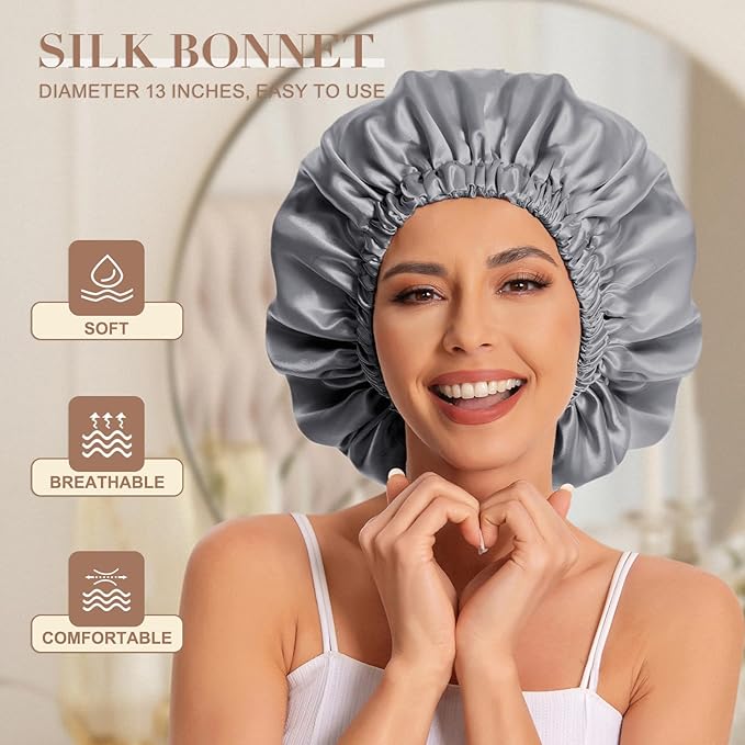 Satin Bonnet Silk Bonnet Hair Bonnet for Sleeping-Slouchy Beanie Hat Satin Sleep Cap for Women's Natural & Curly Hair(Dark Grey)