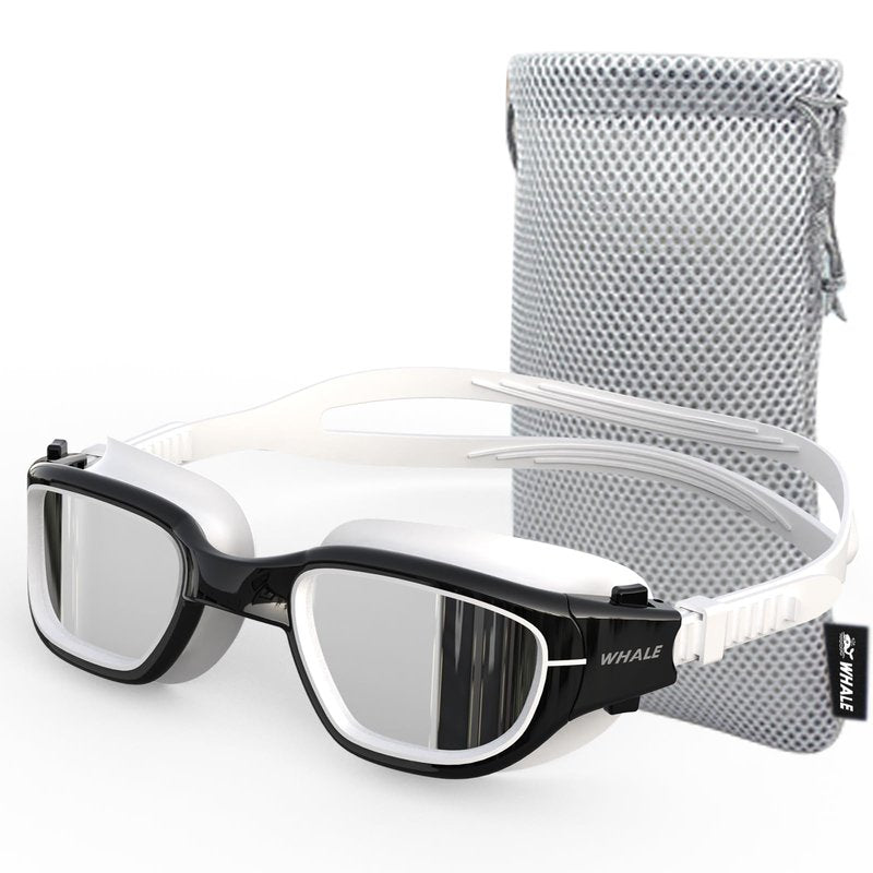Whale Polarized Swim Goggles, GE Anti-Fog Anti-UV Protection No Leaking Swimming Pool Goggles for Men, Women, and Youth (（Polarized） Dark shadow + Glamour silver coating)