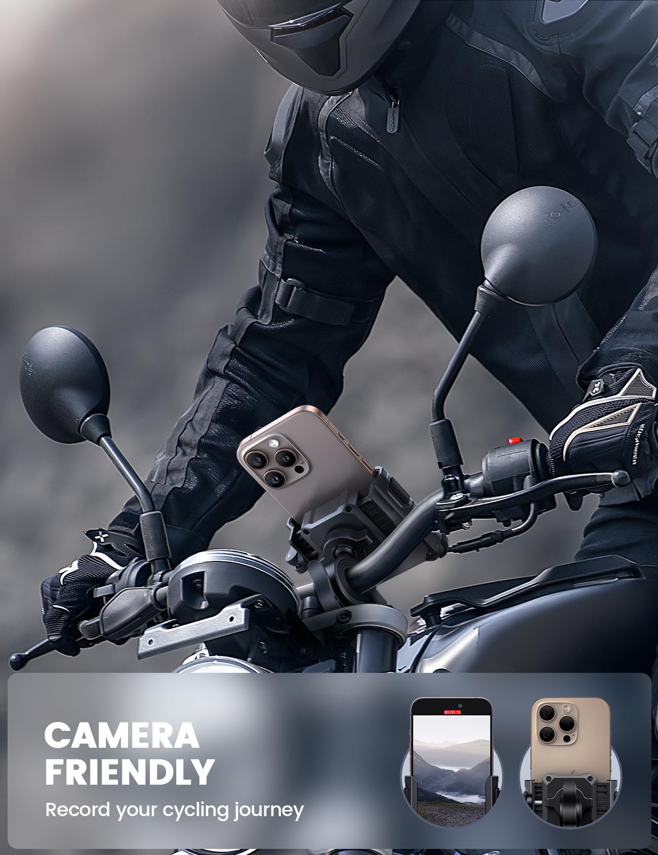 Lamicall Motorcycle Bike Phone Mount - [No Block Camera] [1s Lock] Bike Cell Phone Holder Clamp, Bicycle Scooter Handlebar Clip, Gifts for iPhone 17 16 15 14 Pro Max, Galaxy S25 Ultra, 4.7-7" Phones