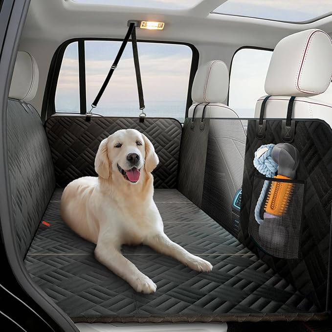 ELLINI Dog Car Seat Cover for Back Seat, Hard Bottom Back Seat Extender for Dogs, Holds 400lbs, 600D Heavy Duty Scratch-Proof Waterproof Dog Hammock for Full-Size Trucks/SUVs