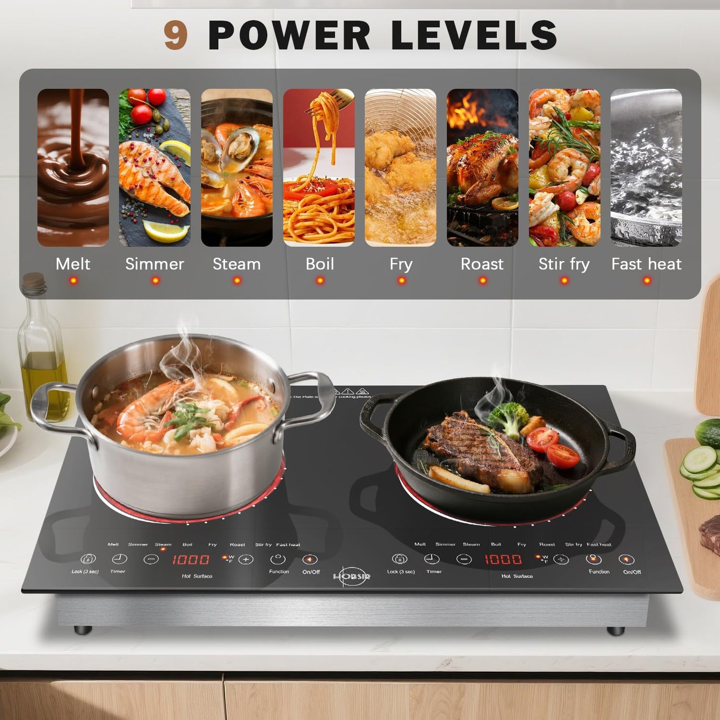 Hobsir 2 Burner Electric Cooktop 110V with Plug, Total 2000W Shared Power, Electric Stove Top with 8 Function & 8 Power, Two Burner Kitchen Cooktop with Timer & Child Safety Lock, for RV Camping