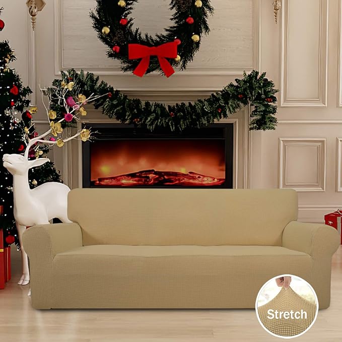 Easy-Going Stretch Sofa Slipcover 1-Piece Sofa Cover Furniture Protector Couch Soft with Elastic Bottom for Kids, Polyester Spandex Jacquard Fabric Small Checks (Sofa, Golden)