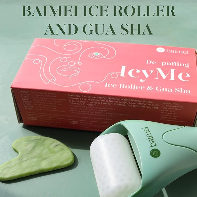 BAIMEI IcyMe Cryotherapy Ice Roller and Gua Sha Facial Tools Reduces Puffiness, Skin Care Tools for Face Massager Self Care Gift for Men Women - Green