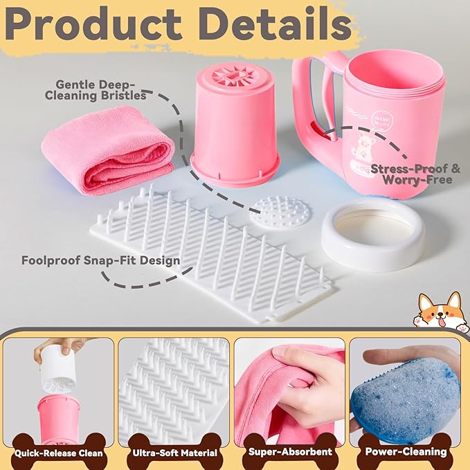 Small Pet Paw Cleaner Cup - Easy Press Design Dog Foot Washer with Soft Massage Brush & Absorbent Towel - Reusable Durable Paw Cleaning Cup for Dogs Cats, Easy to Clean Handheld Bath Tool