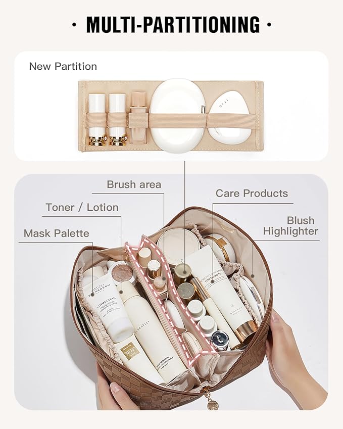 EACHY Travel Makeup Bag, Large Capacity Cosmetic Bag for Women, Waterproof PU Leather, Flat Open Portable Toiletry Bag for Skincare, Brushes & Travel Essentials