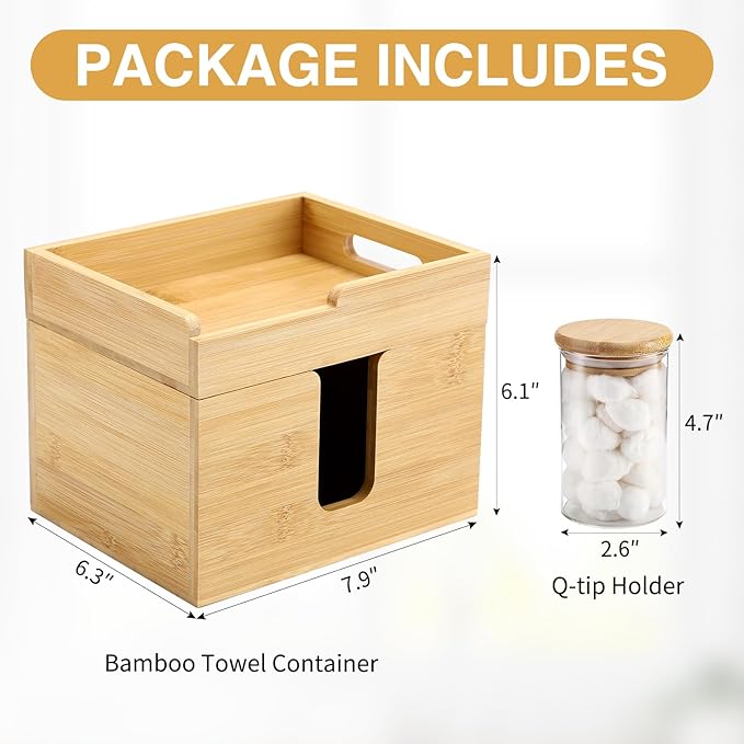 Bamboo Disposable Face Towel Holder with 2 Glass Jars - Open-Top Skincare Organizer for Facial Cleansing Wipes & Beauty Essentials - Bathroom Countertop Vanity Organizer
