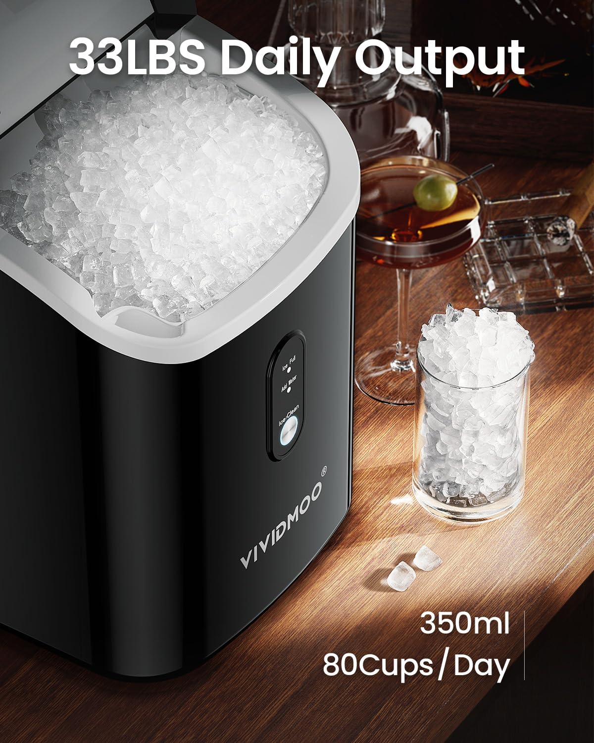 VIVIDMOO Nugget Ice Maker Countertop, 34lbs/Day, Portable Sonic Pebble Ice Maker with Self-Cleaning, Fast Ice in 6 Mins, Compact Crushed Pellet Ice Machine for Home/Office/Kitchen/RV/Camping, Black