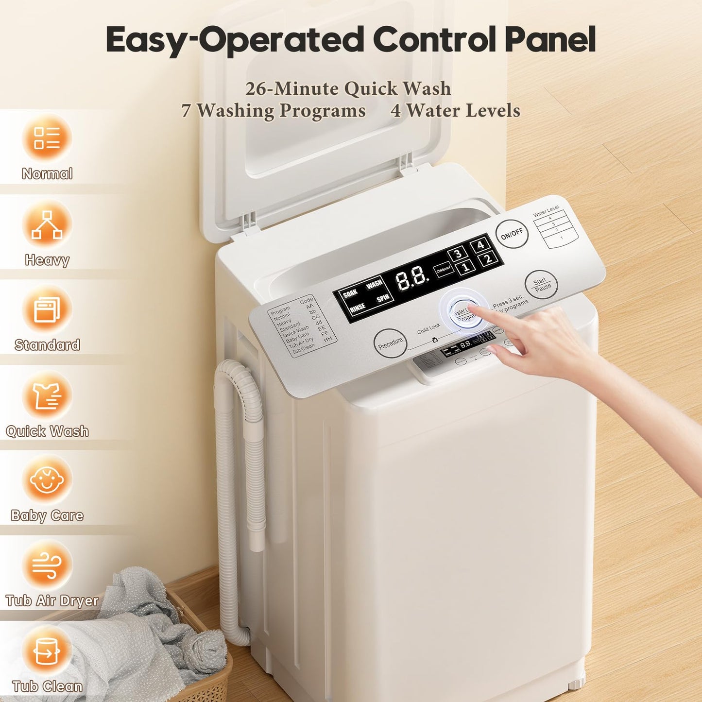 Auertech 18 lbs Portable Washing Machine, Fully Automatic Portable Washer with LED Display, 7 Wash Cycles, 4 Water Levels, Top Load Washing Machine for Apartment, RV, Dorm, Home