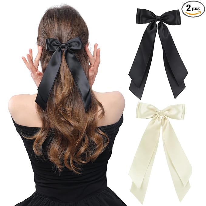LuSeren 2 PCS Double Layer Hair Bows Beige Black Hair Ribbon Clips Ponytail Holder Accessories for Women Girls Toddlers Teens Kids