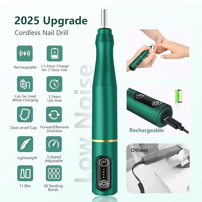 Cordless Nail Drill Electric Rechargeable File Kit, Professional Efile Acrylic Gel Nail Polish Remover Pedicure Manicure Machine Portable Set with 11 Bits 56 Sanding Bands Salon Blackish Green