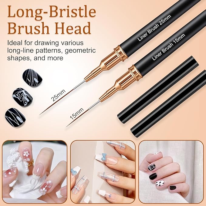 7PCS Metallic Nail Art Brushes Set, 7/9/11/15/25mm Liner Brush For Nails Gel, Super Fine Painting Art Design Pen for Long-Line Patterns, Detailed Outlines, Geometric Shapes (Black)