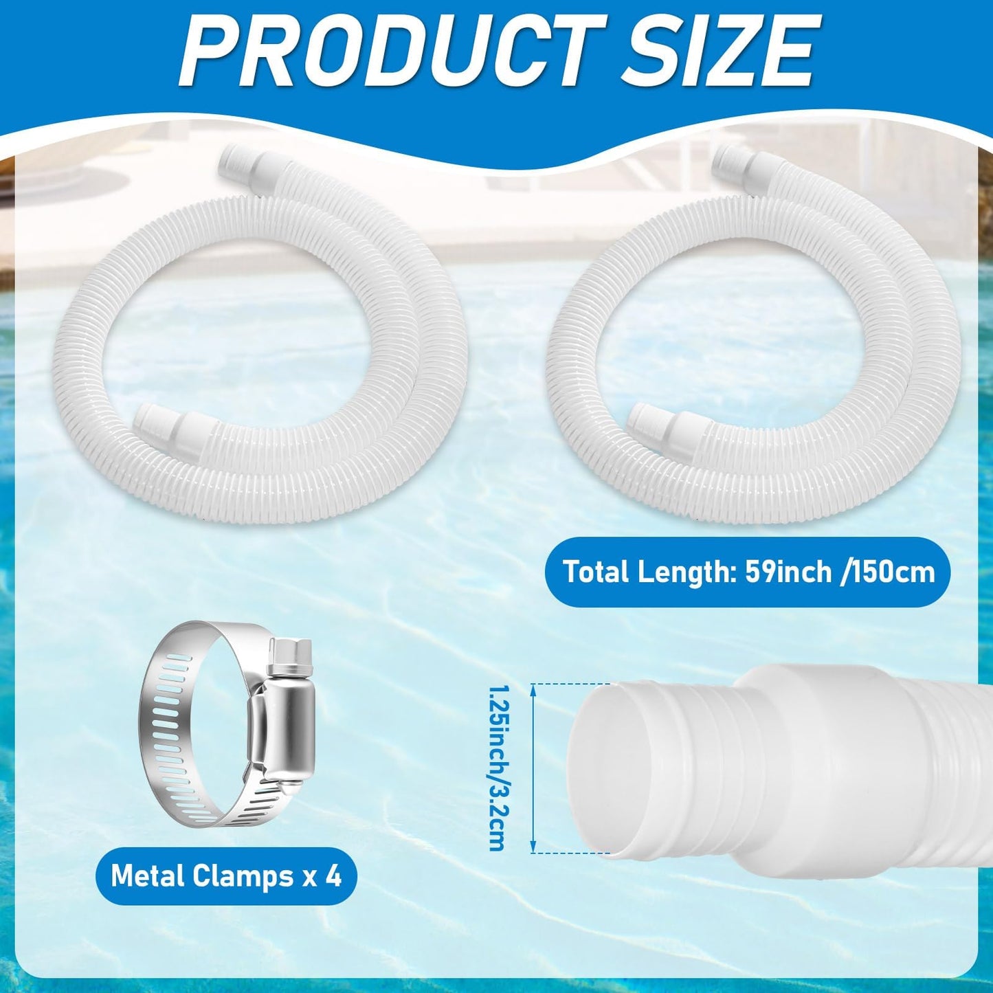 Conderyang 2 Pack 1.25×59in EVA Pool Professional Hoses with 2026 Upgrade Flexible Tube Head and 4 Metal Clamps for Above Ground Pools Pump Replacement Hose Pool Supply for Heavy Duty Hose (White)