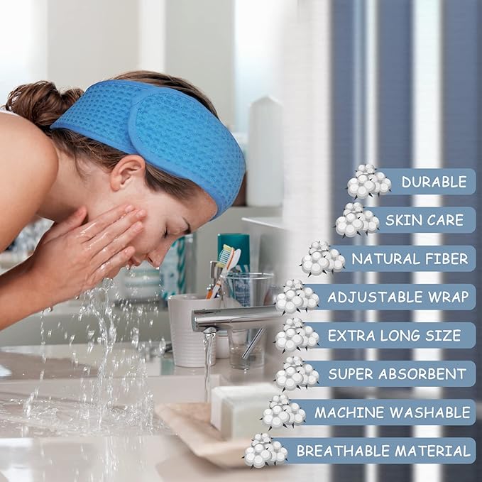 (3 Pack) Adjustable Terry Waffle Sweat-Absorbent Spa Headbands with Magic Tape for Makeup, Washing, Shower, Yoga, and Sports (Blue)