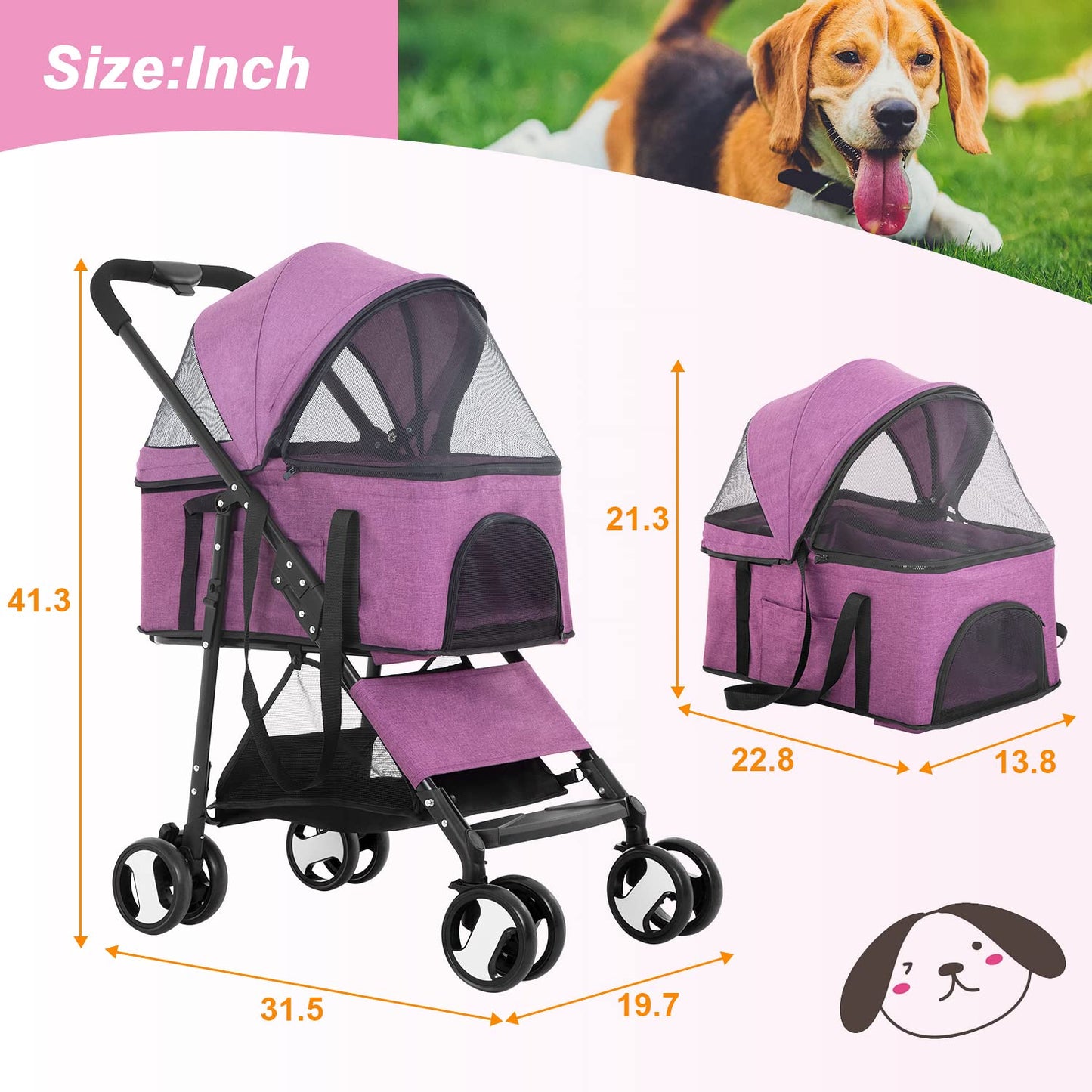BestPet Pet Stroller Premium 3-in-1 Multifunction Dog Cat Jogger Stroller for Medium Small Dogs Cats with Folding Lightweight Travel & Detachable Carrier,Purple