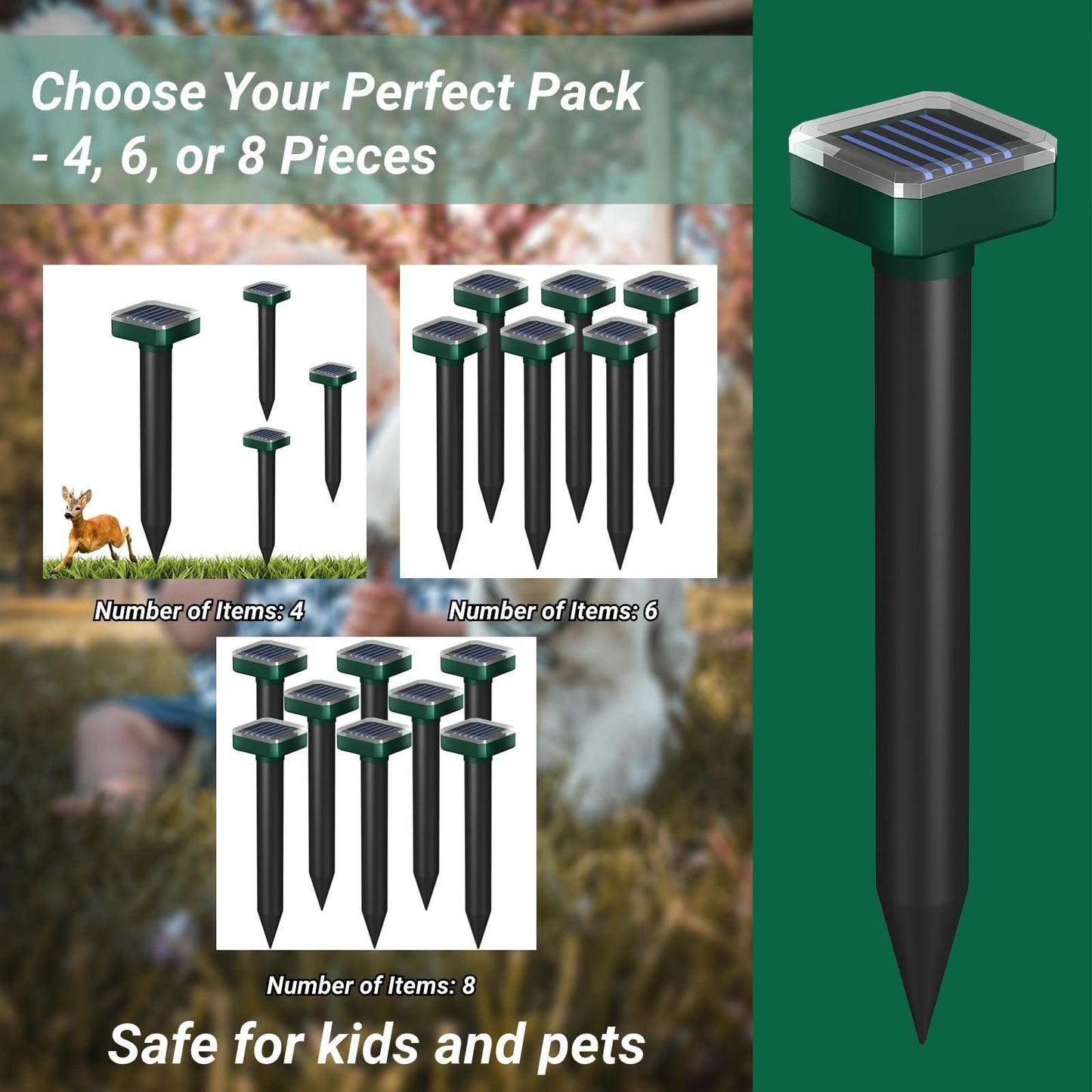 Deer Repellent Devices, Sonic & Solar-Powered Outdoor Deer Deterrent for Garden Plants, 7000 Sq Ft Coverage, Waterproof Sonic Repeller to Keep Deer and Rabbits Away (4)