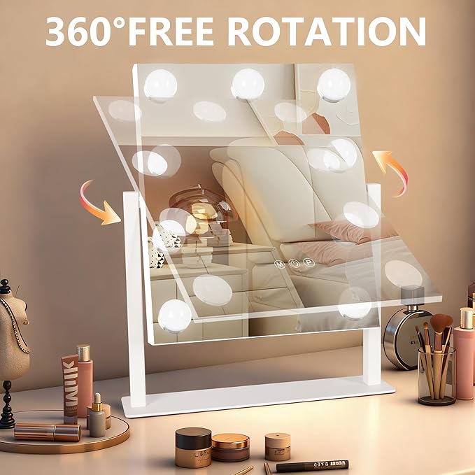 Hollywood Vanity Mirror with Lights, 9 Dimmable Bulbs, 3 Color Lights,Make Up Lighted Mirror, 10x Magnification 360°Rotation (12" x 14") White