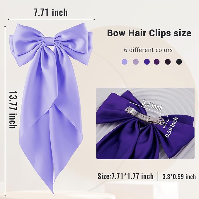 6Pcs Large Bows Hair Clips for Women Girls Long Tail Hair Ribbon Silky Satin Barrettes Coquette Bows Accessories (Black/Purple/Purplered)