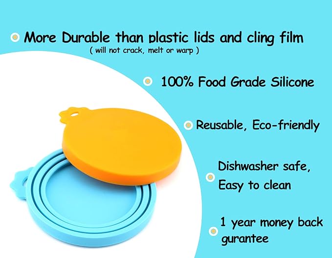 Comtim Pet Food Can Cover Silicone Can Lids for Dog and Cat Food(Universal Size,One fit 3 Standard Size Food Cans) (Blue/Orange)