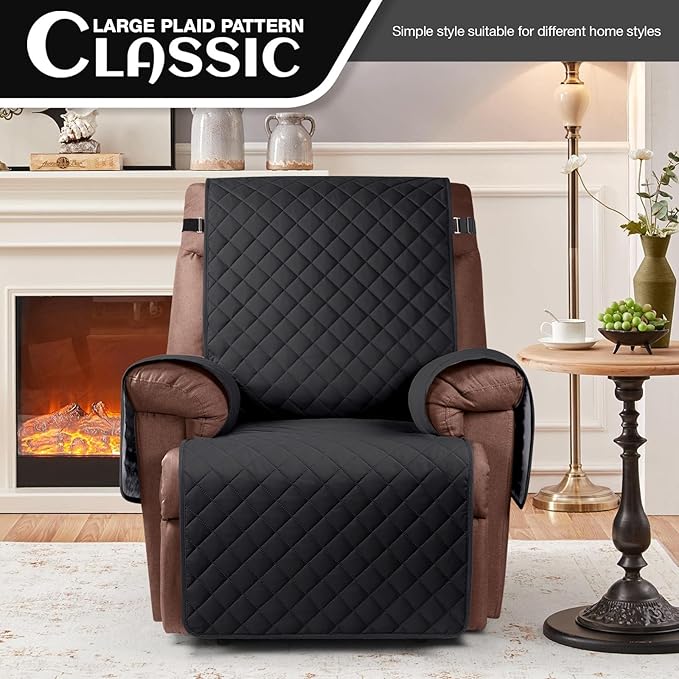 KinCam 100% Waterproof Recliner Chair Cover, Reclining Couch Covers for Pets, Dogs, Recliner Couch Slipcover Furniture Protector with Elastic Straps for Kids(30", Black)