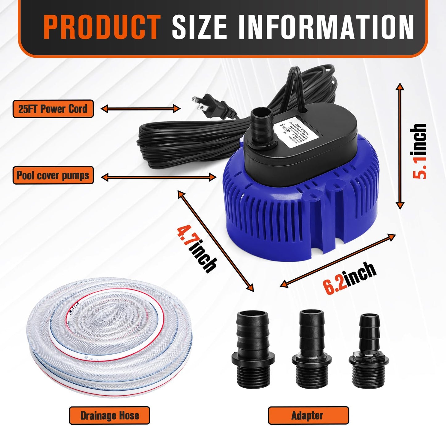 Sump Pump,Pool Cover Pump above Ground,submersible water pump Swimming Water Removal Pumps,for Swimming Pool Basement Garden Pond Tubs Draining,75W,Max Flow:850GPH,3 Adapters,25 Ft Power Cord (Blue)