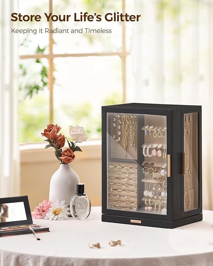 Glimmloop 360ÃÂ° Rotating Jewelry Box with 7 Drawers, Spacious Vertical Jewelry Organizer with Glass Window, Jewelry Storage Case, Dustproof & Moisture-resistant Design, Black