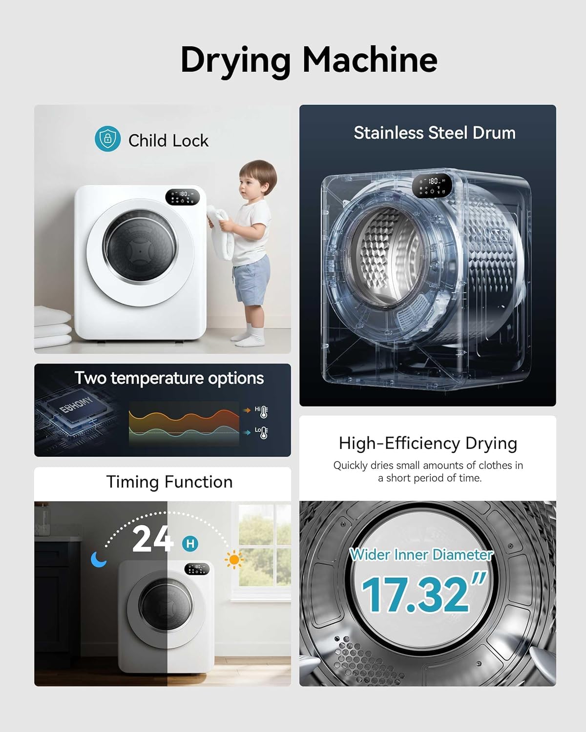 Euhomy Portable Dryer，1.5 Cu.Ft Clothes Dryer with Stainless Steel Drum, 850W Drying Machine with Exhaust Pipe, LED Control Panel For Apartments, Home, Dorm, White