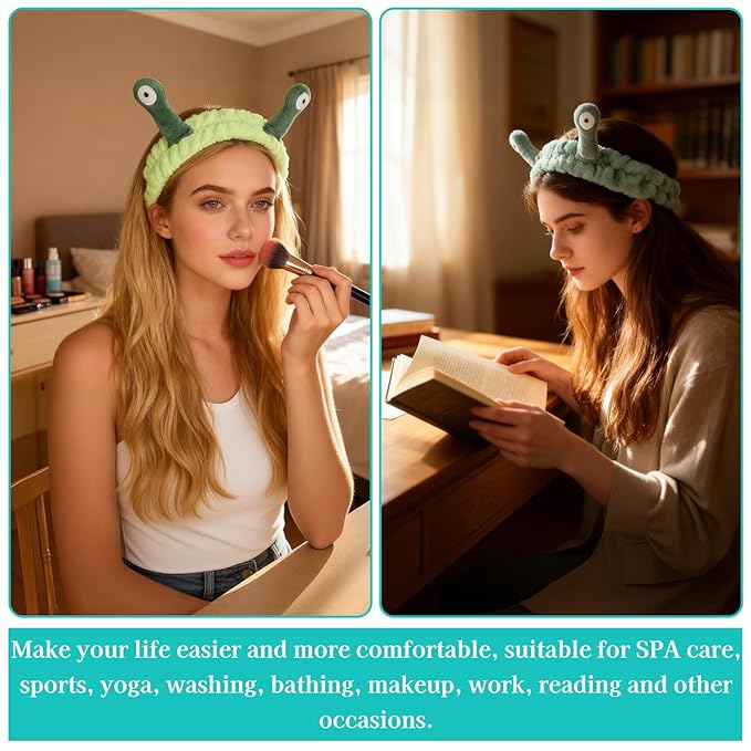 Snail Face Wash Headband Skincare & Wrist Bands for Washing Face Set Cute Spa Headband for Women and Wrist Faces Wash Bands for Shower, Facial Cleaning, Soft Coral Fleece Makeup Headbands,Green