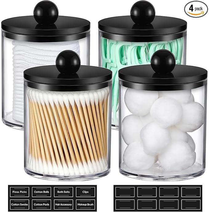 4 Pack Acrylic Qtip Holder Dispenser for Cotton Swabs, Balls, Pads, Floss - Plastic Canister Apothecary Jar Set, Bathroom Essentials Accessories Decor Vanity Makeup Storage Organizer - Clear & Black