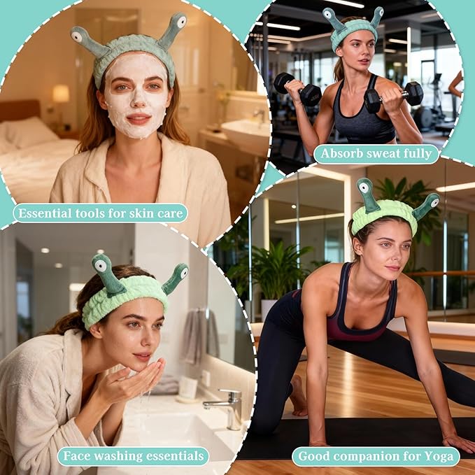 Snail Face Wash Headband Skincare & Wrist Bands for Washing Face Set Cute Spa Headband for Women and Wrist Faces Wash Bands for Shower, Facial Cleaning, Soft Coral Fleece Makeup Headbands,Green