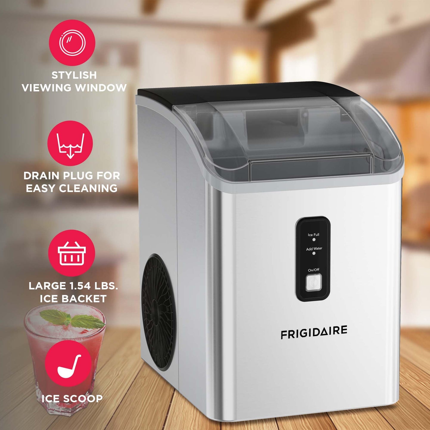 Frigidaire Countertop Crunchy Chewable Nugget Ice Maker, Compact, 33lbs per Day, Metallic Finish