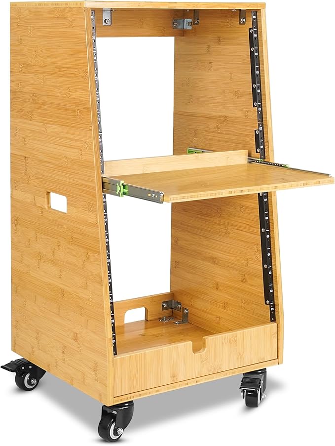 Sound Town DIY Solid Carbonized Bamboo Slanted 16U Studio Rack (8U Top + 8U Lower), with 2U Bottom Storage, Slide-Out Tray, Caster, For Recording Room, Home Studio (STBR-ST16T)