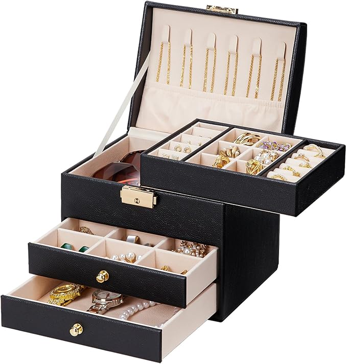 Homde Girls Jewelry Box with Lock: 3 Layer Organizer with Removable Tray - Storage for Ring Necklace Earring - Birthday & Return Gifts for Young Women (Graphite Black)