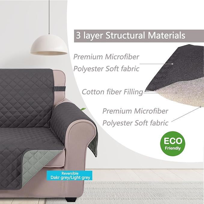 U-NICE HOME Large Sofa Cover Reversible Couch Cover for Dogs with Elastic Straps Water Resistant Furniture Protector for Pets Couch Cover for 4 Cushion Couch (Oversized Sofa, Dark Grey/Light Grey)