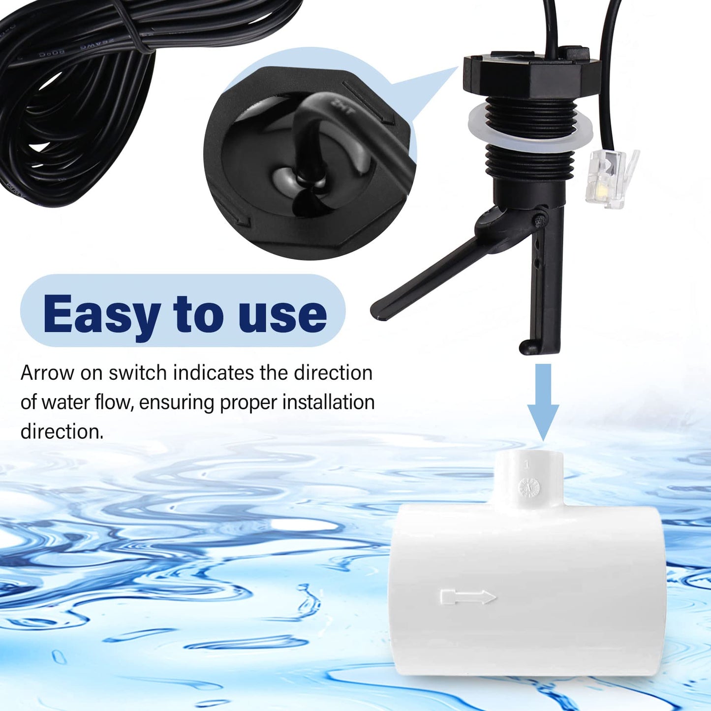 Glx-Flo-Rp Flow Switch for Hayward Goldline Aquarite Salt Systems, Pool Flow Sensor Suitable Hayward Salt Cell & Chlorine Generator, Flow Switch for Aqua Rite Swimming Pool Salt Cell with 15 Ft Cable