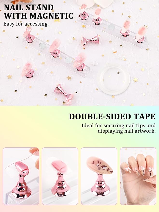 Nail Art Tools Set, Nail Stand for Press on Holder for Painting Nails, Nail Art Brushes, Liner Brushes, Nail Dotting Tool, Must Haves Design Tools Supplies Kit for Nail Tech & Beginners (Pink)